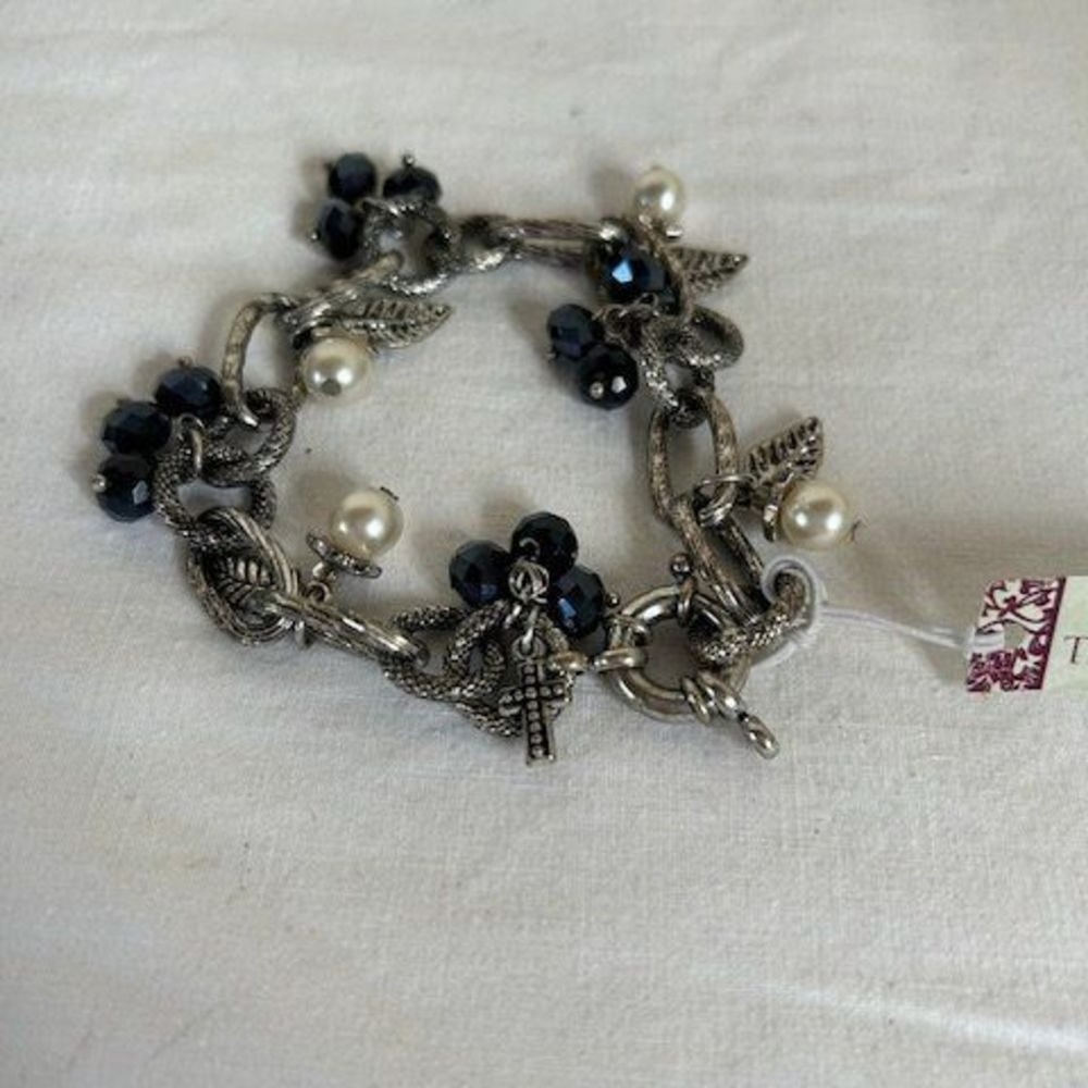 The Good Bead Silvertone Bracelet with Cross, Black Crystals, Faux Pearls Leaves